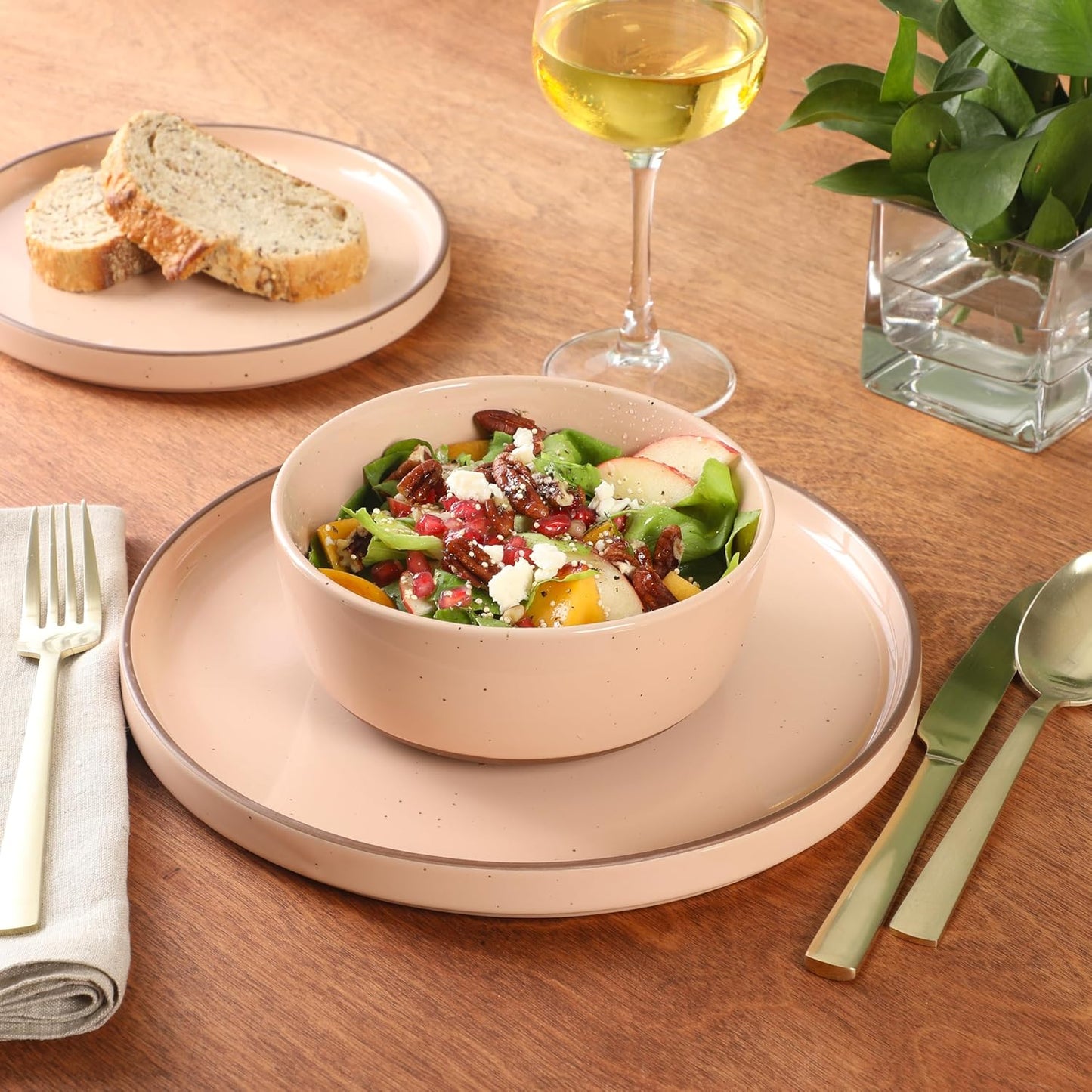 Gibson Elite Northrock Stoneware Dinnerware Set, 16-Piece Service for 4 Plates and Bowls Set – Pink Dishes with Hand-Painted Terracotta Base