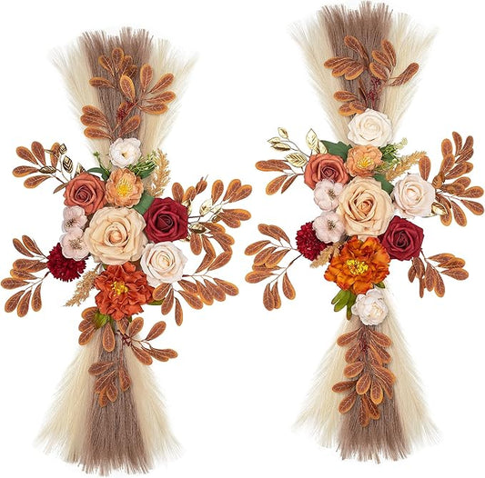 Wedding Arch Flowers, Artificial Floral Decor for Wedding Ceremony & Reception, Standard Size Large Flower Swag Set for Backdrop & Welcome Sign, Pack of 2 (Autumn Chrysanthemum Pampas)
