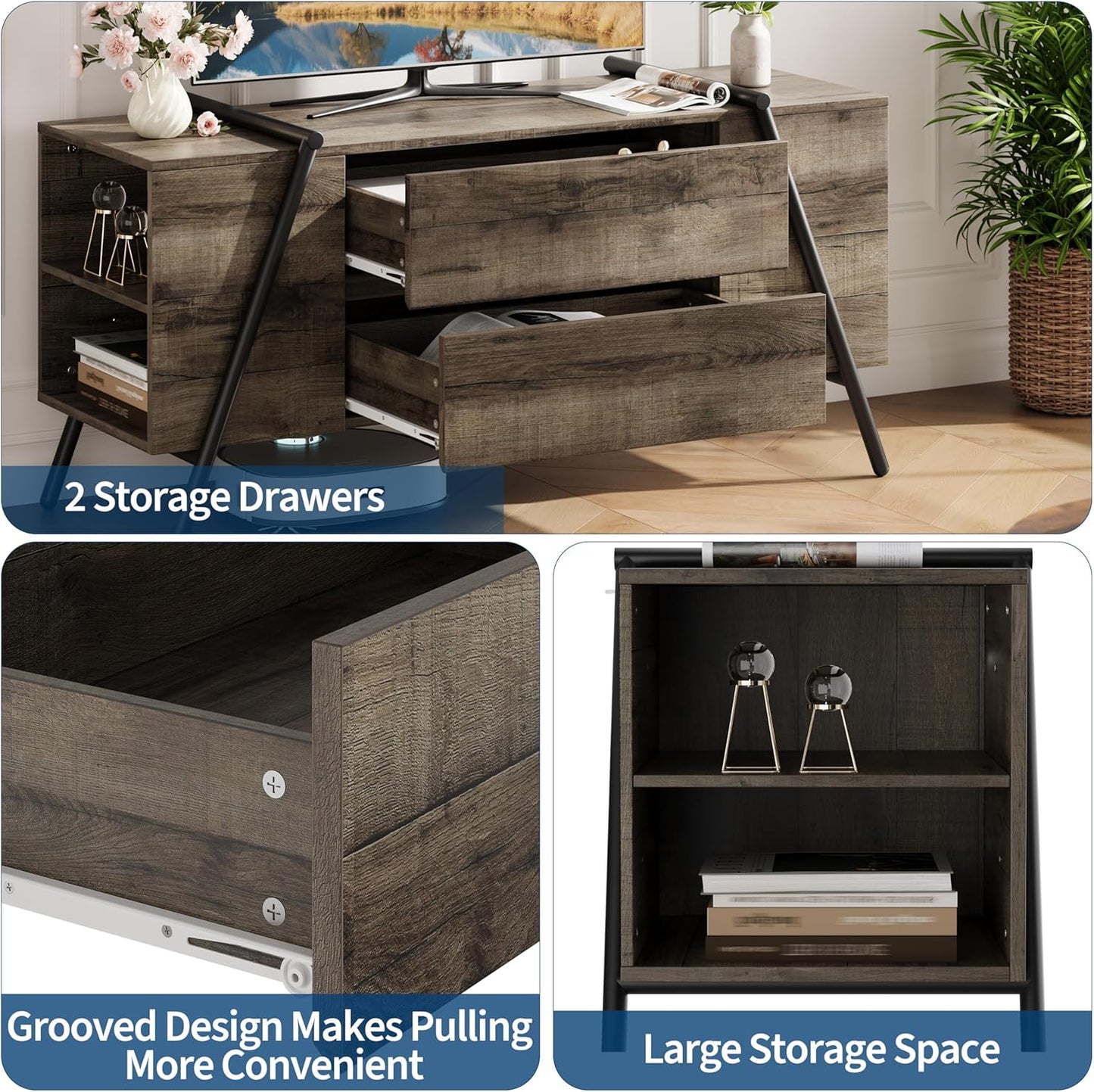 GarveeHome TV Stand for 47 Inch TV, Entertainment Center with Adjustable Shelf, 2 Drawers, TV Console Table, Media Console, U-Shaped Metal Legs, for Living Room, Bedroom, Oak