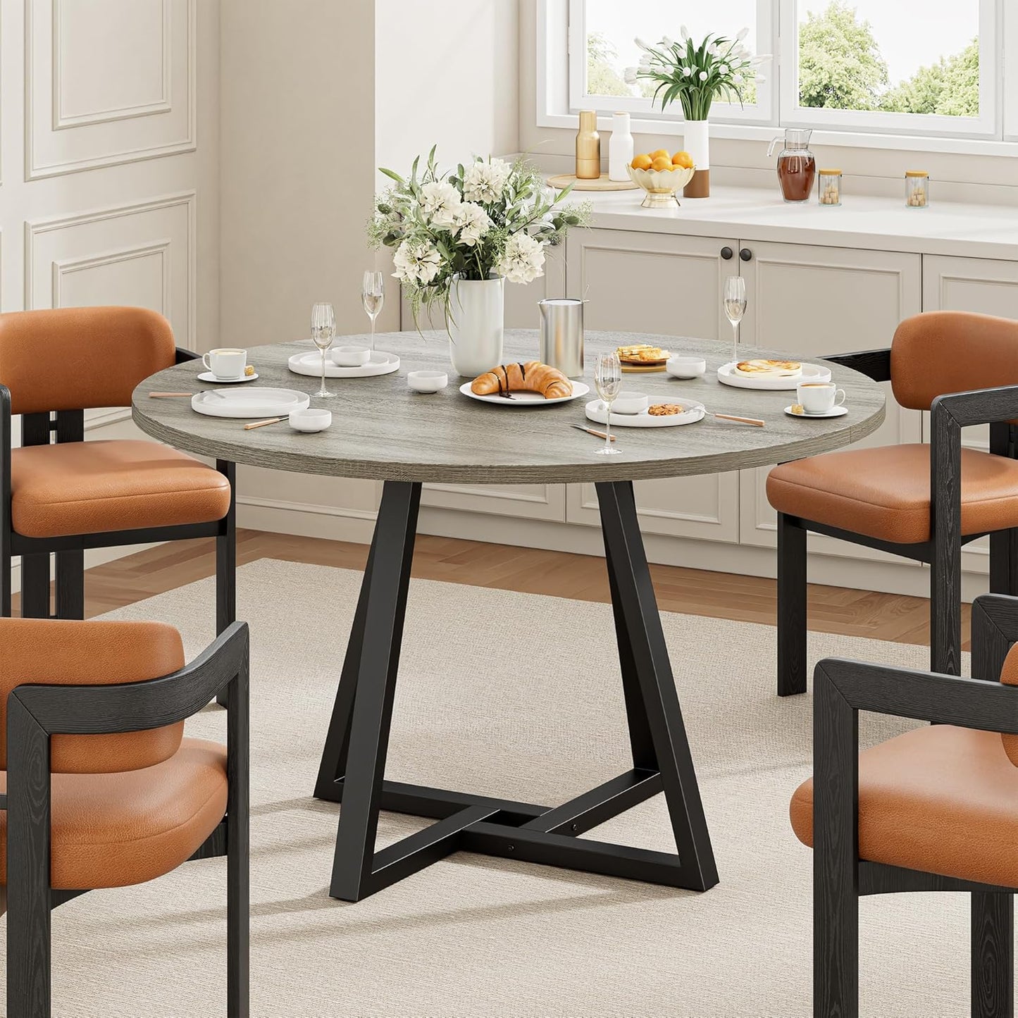 IRONCK 43" Round Dining Table for 4, Wood Kitchen Table with Metal Base, Space Saving Industrial Circle Dinner Table for Kitchen Dining Room, Gray