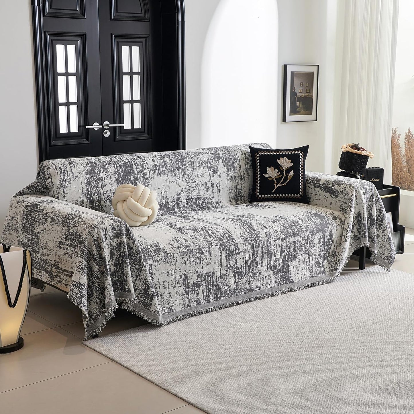 MYSKY HOME Boho Couch Cover for Dogs Washable Deep Grey Abstract Couch Sofa Protector for Loveseat Sofa Pets Friendly Chenille Geometric Sofa Covers Soft Durable Farmhouse Sofa Slipcovers, 91" X118"
