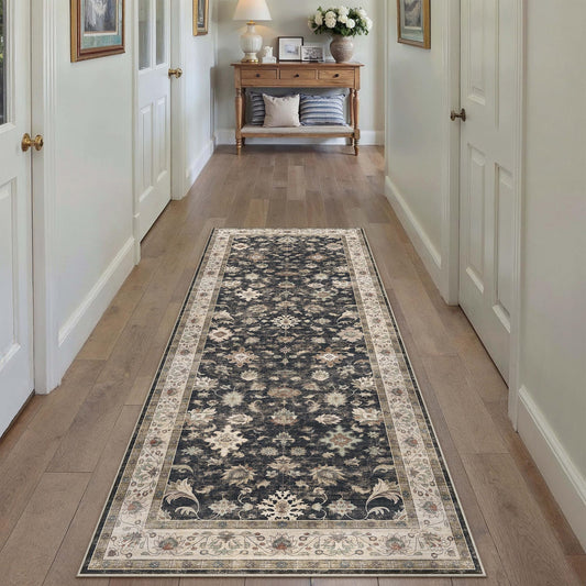 HUGEAR 2x6 Runner Rug Hallway Vintage Black Machine Washable Retro Floral Low Pile Carpet Vacuumable Distressed Long Throw Rug Bedroom Office Bathroom Kitchen Farmhouse Playroom Non Slip