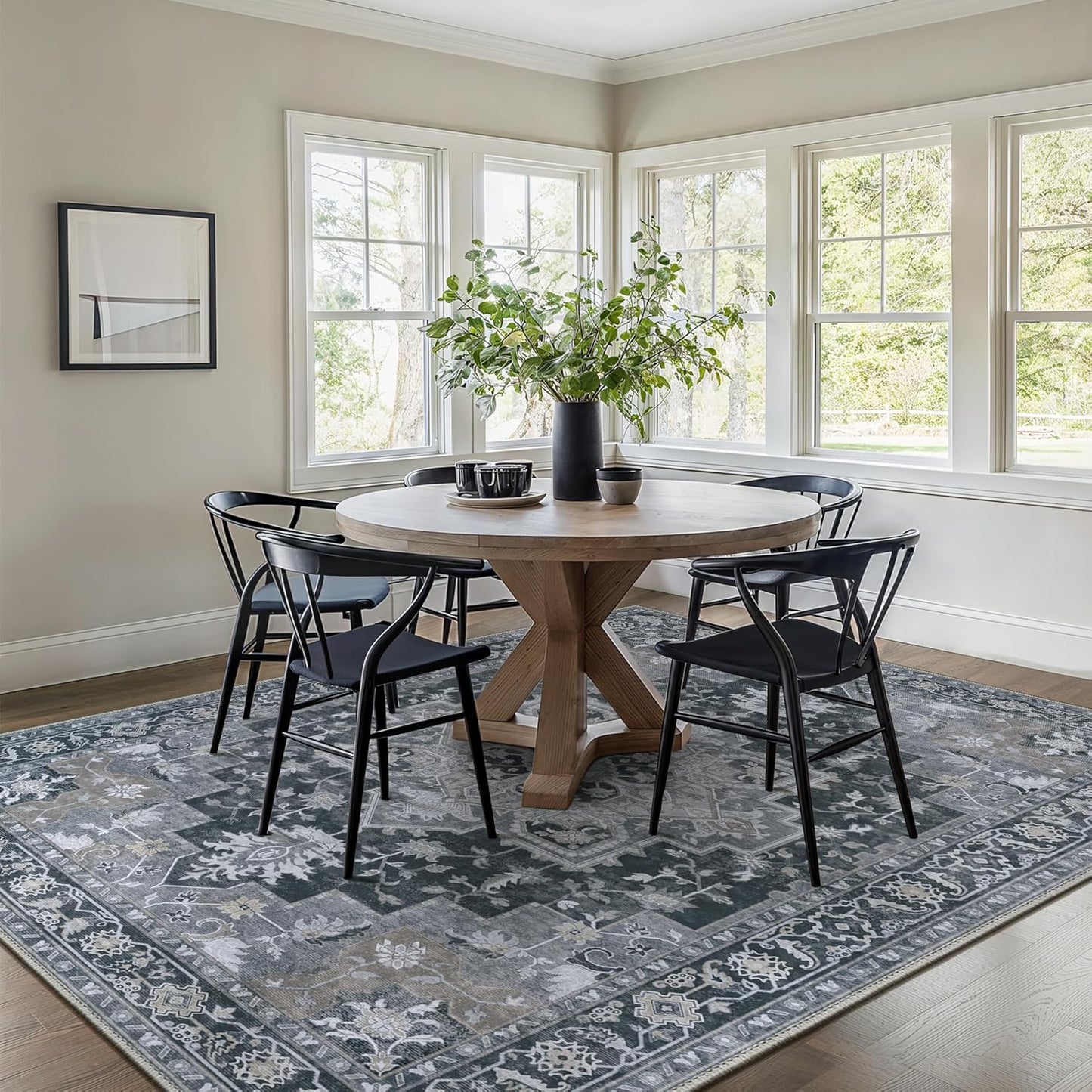 GENIMO 5x7 Area Rugs for Living Room, Machine Washable Non Slip Vintage Rugs, Low Pile Lightweight Chenille Print Rug for Bedroom, Dining Room, Home Office,Dark Gray
