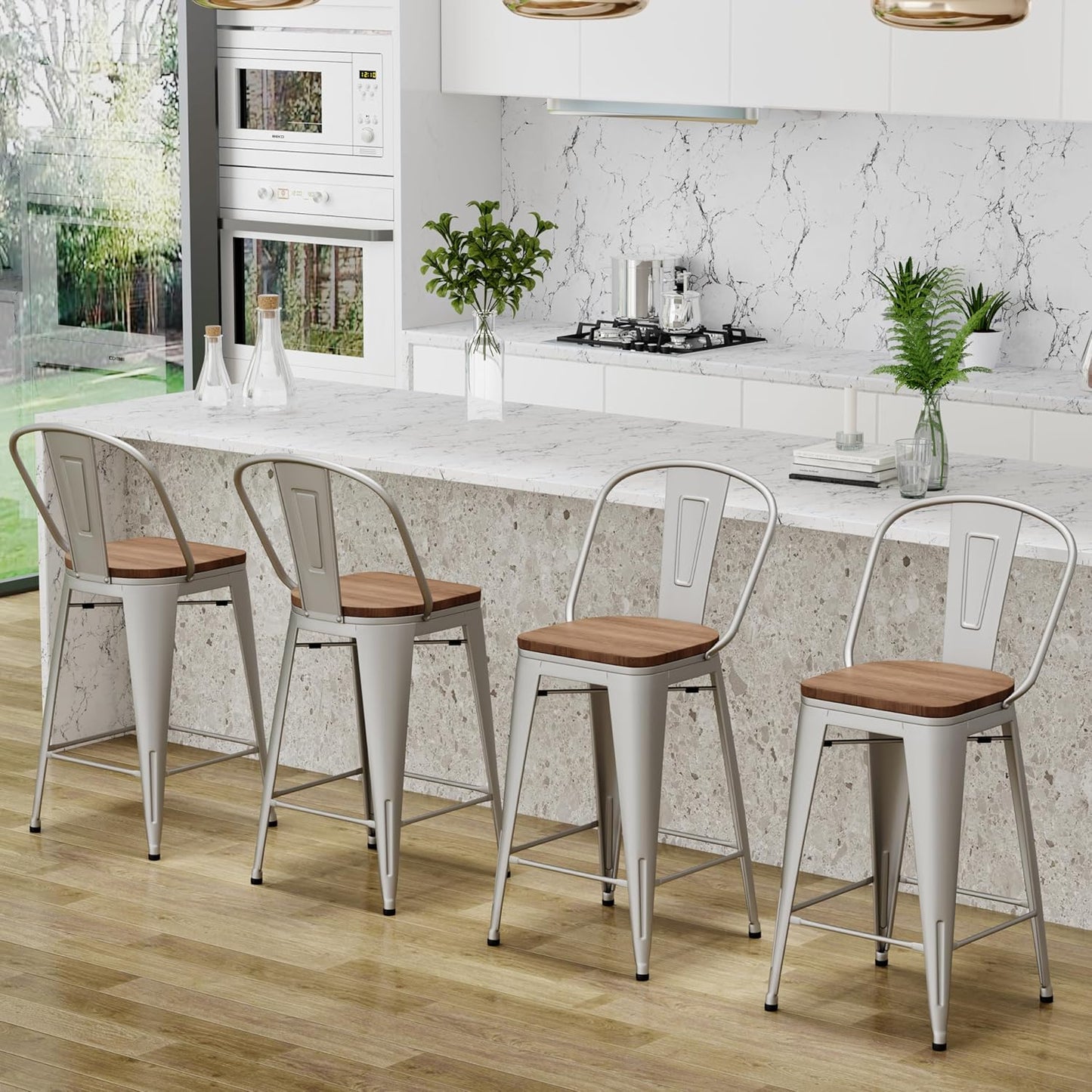 Changjie Furniture 24 Inches Metal Barstools Set of 4 Counter Height Bar Stools Industrial Stools with Backs High Back Chairs for Kitchen Island (24 Inch, Silver)