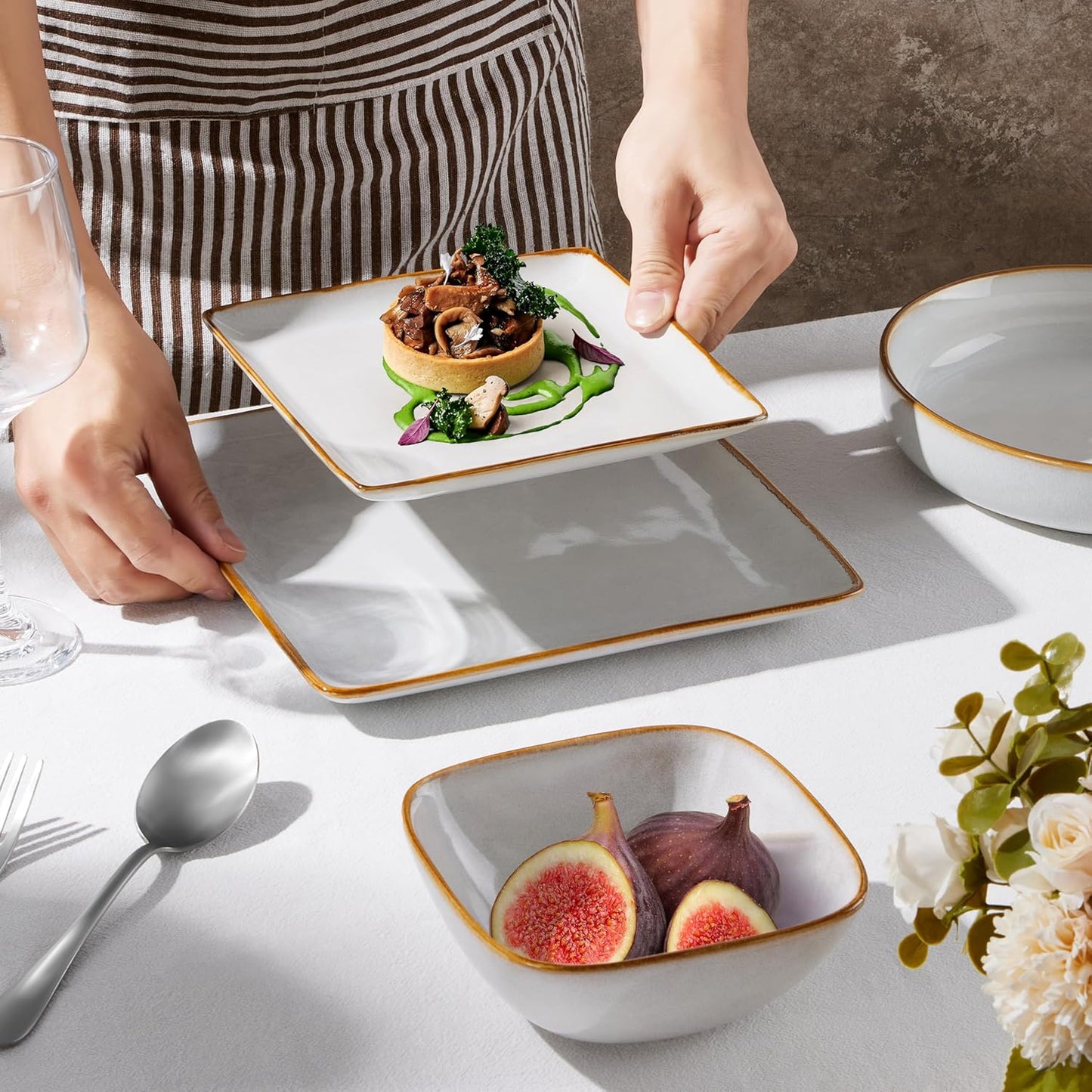 E-far Square Plates and Bowls Sets, 12-Piece Stoneware Dinnerware Sets for 4, Reactive Glaze Dish Set, Chip and Scratch Resistant, Microwave and Dishwasher Safe, Seashell White