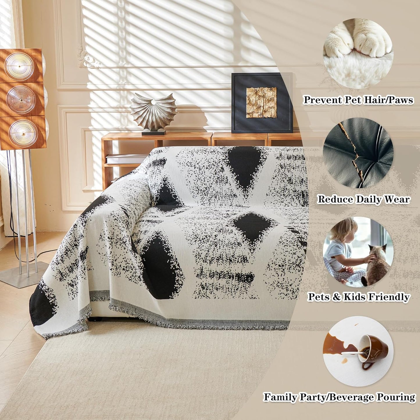 MYSKY HOME Sectional Couch Cover Black Boho Geometric Sofa Covers for Sectional Sofa L Shape Chenille Couch Protector for Dogs Pets Couch Throw Cover Washable Durable for Home Decor, 71" X118"