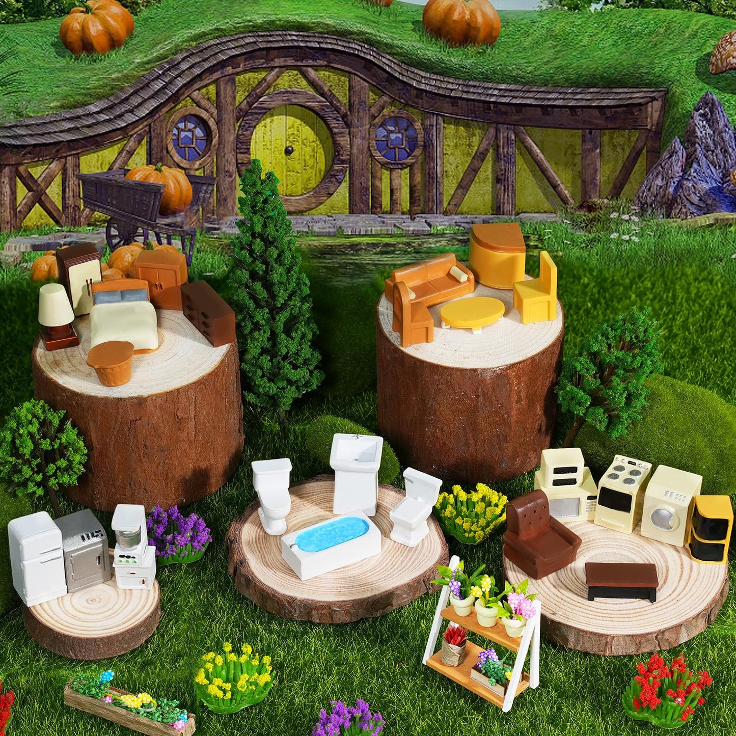 Hiawbon 31PCS Miniature Furniture Set, 1：48 Scale Resin Miniature Accessories and Furniture, Kitchen Bathroom and Living Room Set, Miniature Furniture Kit for Fairy Garden Home Decor
