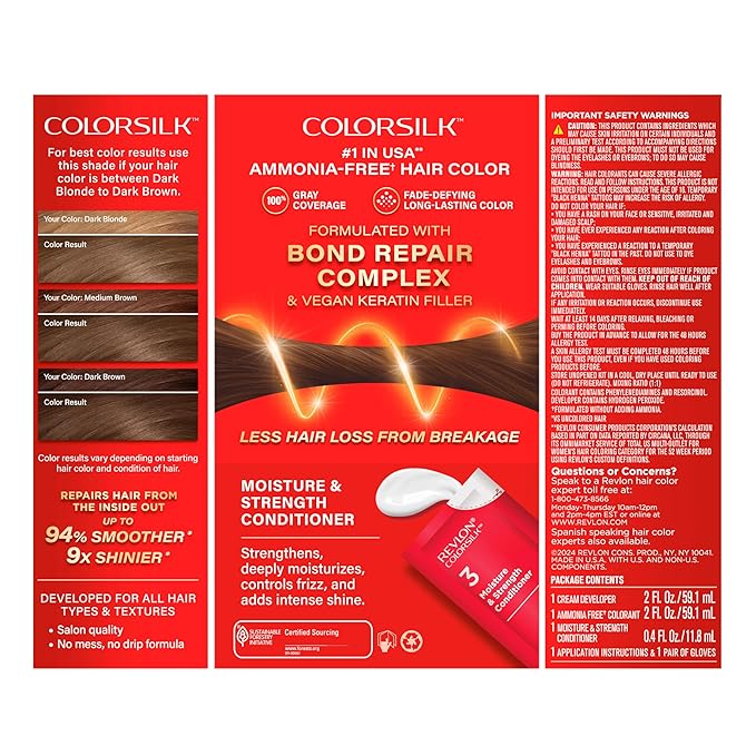 Revlon ColorSilk with Bond Repair Complex, Brown Permanent Hair Color, 100% Gray Coverage, Ammonia Free Hair Dye, Vegan Keratin, 50 Light Ash Brown (Pack of 3)