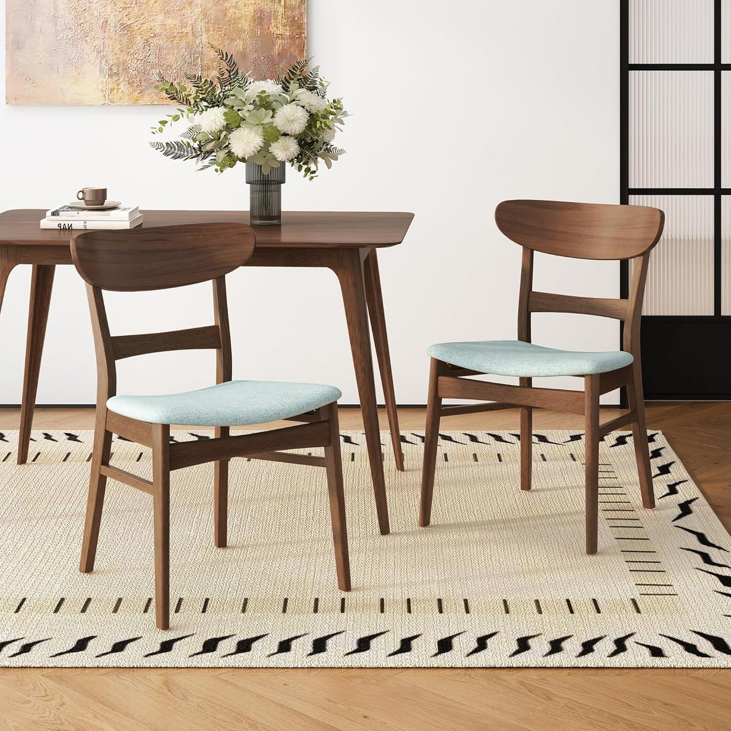 Set of 2 Solid Wood Dining Chairs, Fabric Upholstered Seat Mid-Century Modern Kitchen Furniture for Living Room, Mint+Walnut