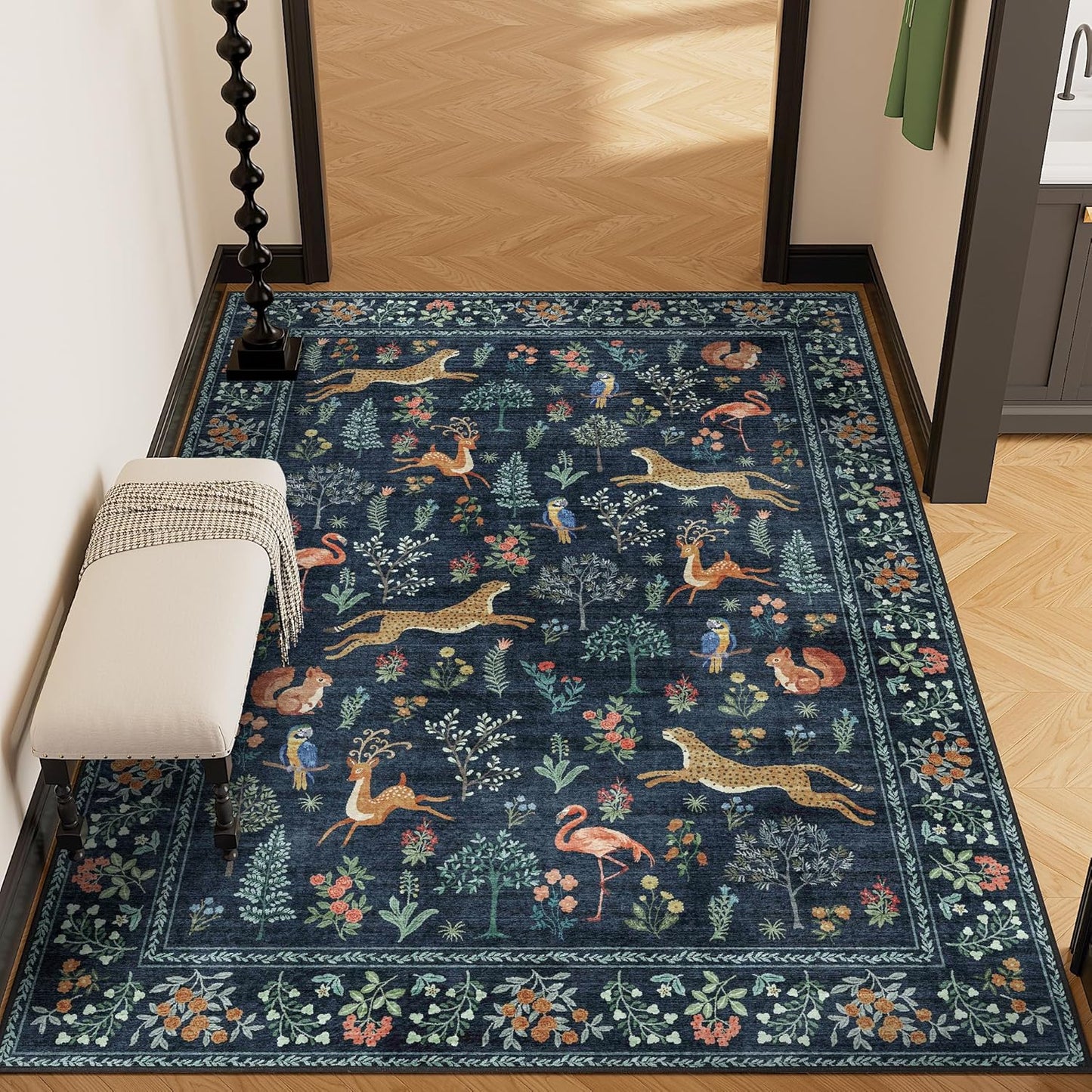 DUKINO 3x5 Rug, Washable Animal Area Rug with Non Slip Vintage Design, Indoor Soft Low Pile Carpet for Bedroom, Nursery, Dining Room, Farmhouse, Playroom, Navy Blue