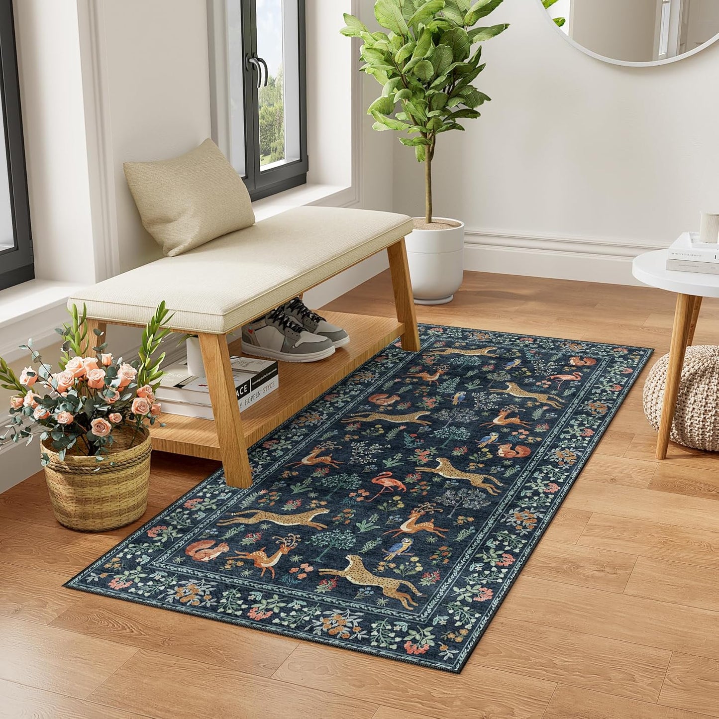 DUKINO 2x4 Rug for Hallway, Washable Kitchen Runner Rug with Non Slip Backing, Soft Low Pile Vintage Animal Runner for Bedroom, Kitchen, Hallway, Entryway, Laundry, Navy Blue