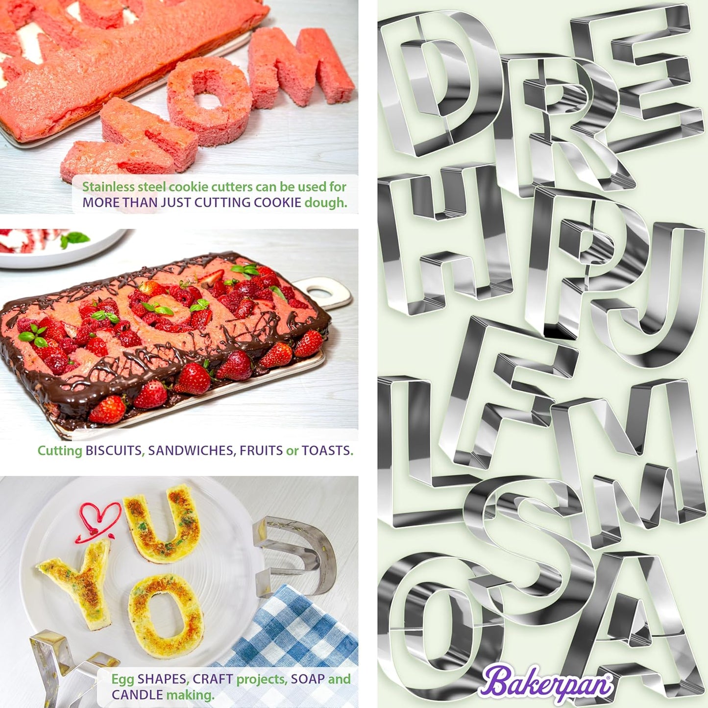 Bakerpan Stainless Steel Alphabet Cookie Cutter Set, Big 3.5 Inch English Letters, 26 Large ABC Cookie Cutters, with Bonus Dough Cutter