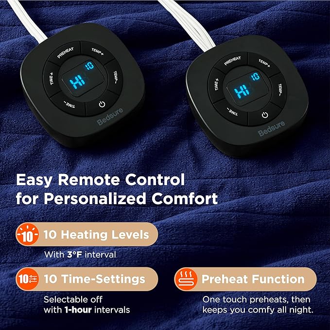 Bedsure Electric Blanket Queen Size - Dual Control Heated Blanket Queen, Fast Heating with 10 Time Settings & 10 Heat Settings, Warm Gift for Grandma (84x90 inches, Pageant Blue)
