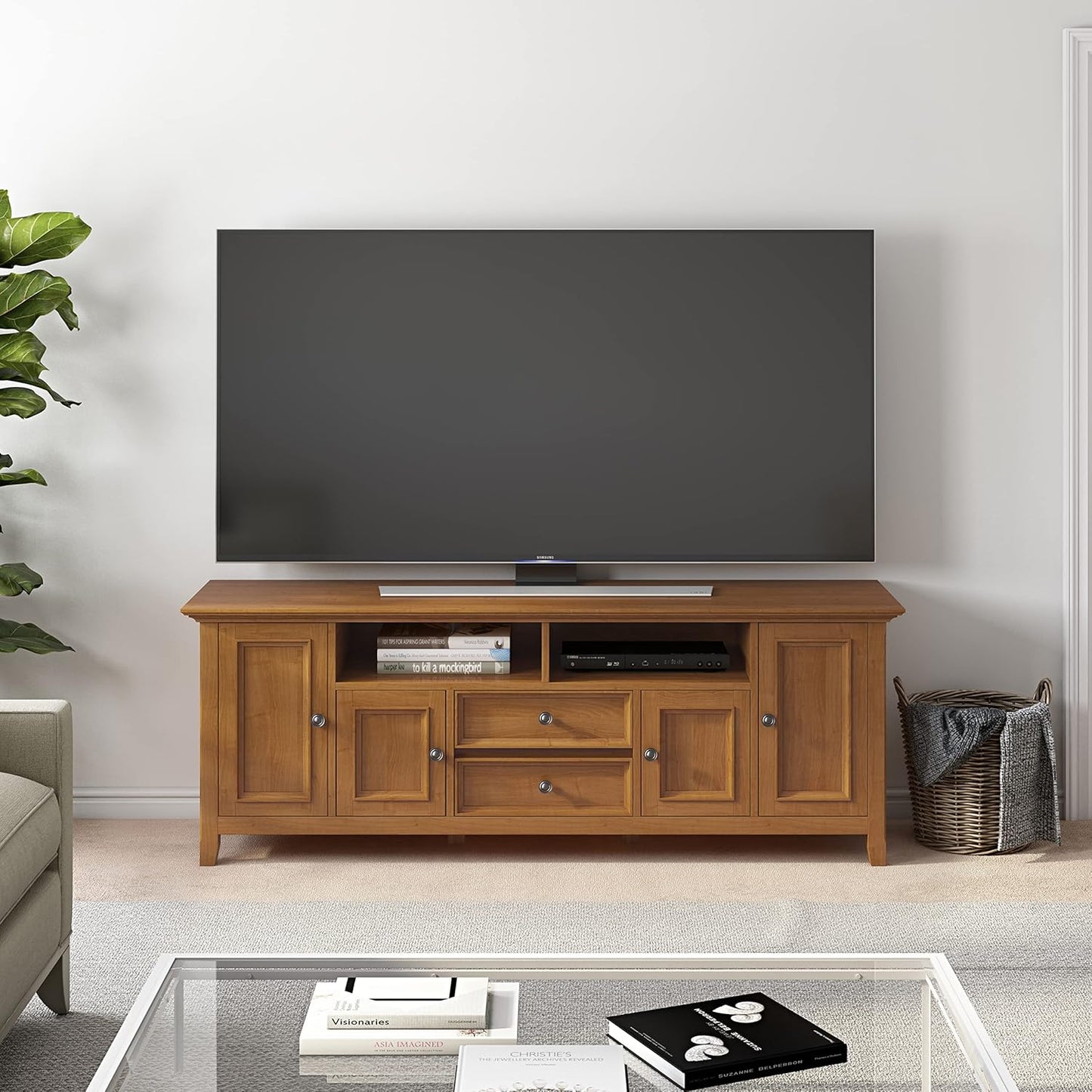 SIMPLIHOME Amherst 72-inch Wide Solid Wood TV Stand in Light Golden Brown, Transitional-Style Media Console for Living Room with Cable Management and Adjustable Shelves, Fits 80" TVs