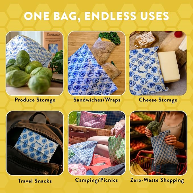 Beeswax Wrap Storage Bag, Reusable Food Storage Bags, Pack of 3, Plastic Free Biodegradable Food Wrap Alternative, Lunch Pack, 2 Small + 1 Medium (Blue)