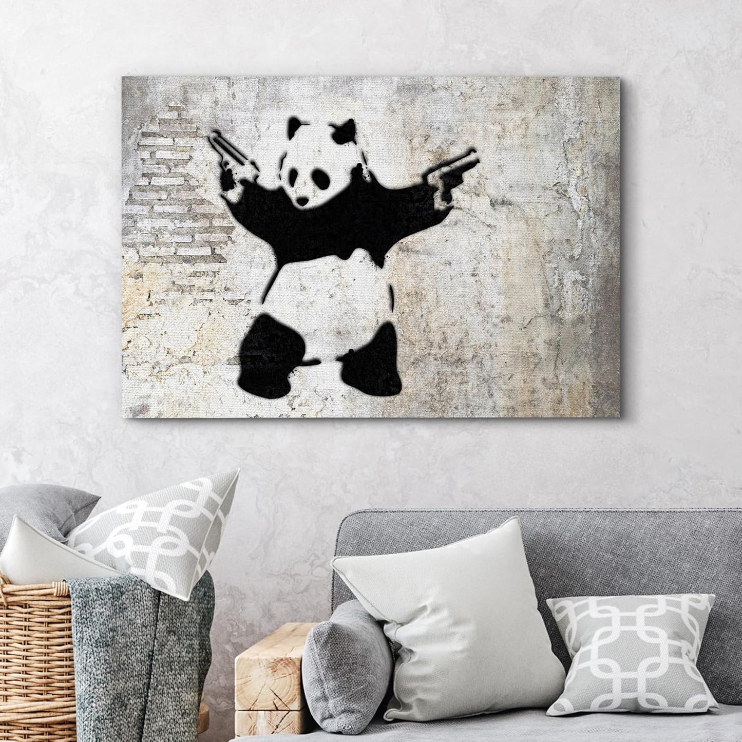 wall26 Canvas Print Wall Art Banksy Panda with Handguns on Wall Cities Animals Digital Art Modern Art Chic Scenic Expressive Dark Black and White for Living Room, Bedroom, Office - 32"x48"
