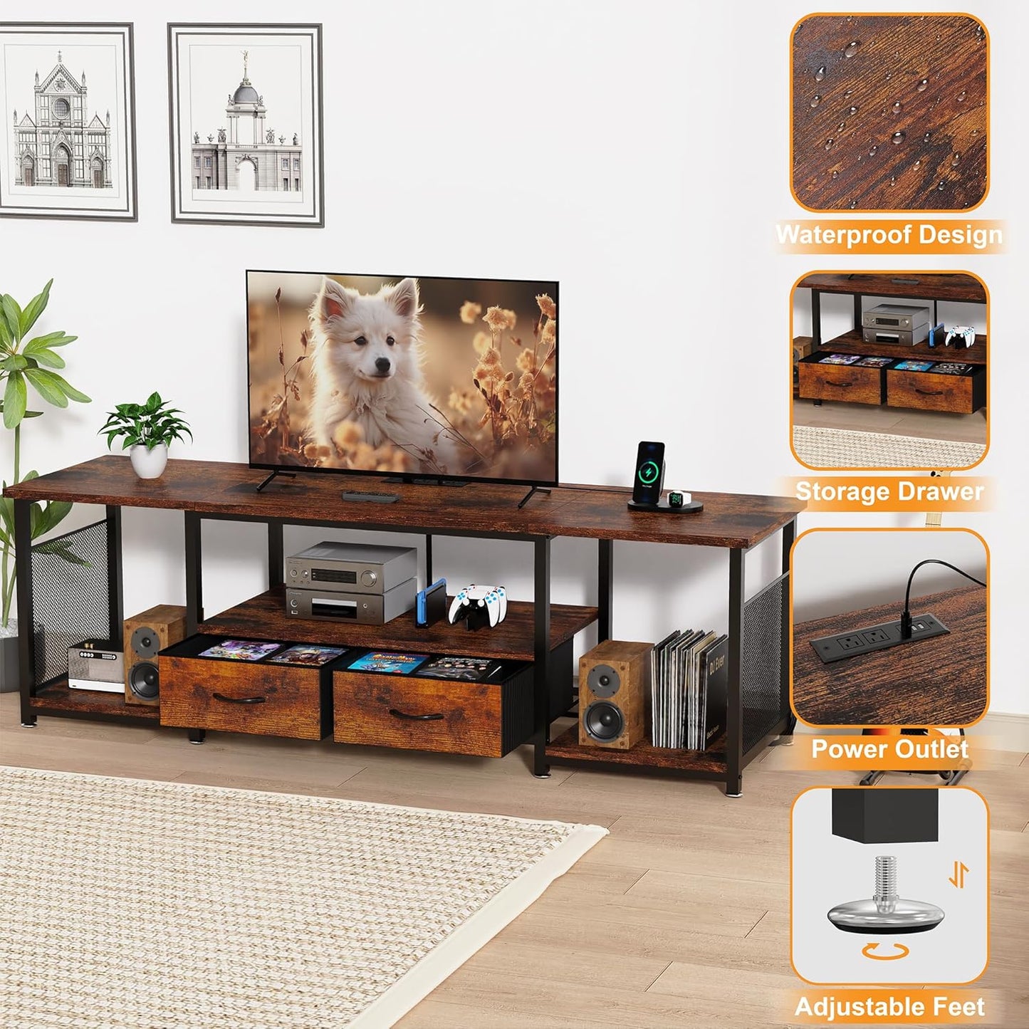 TV Stand with Drawers and Power Outlets for 75 70 65 Inch TV, Entertainment Center with Open Storage Shelves, Industrial Media TV Console Table for Living Room Bedroom Office, Rustic Brown