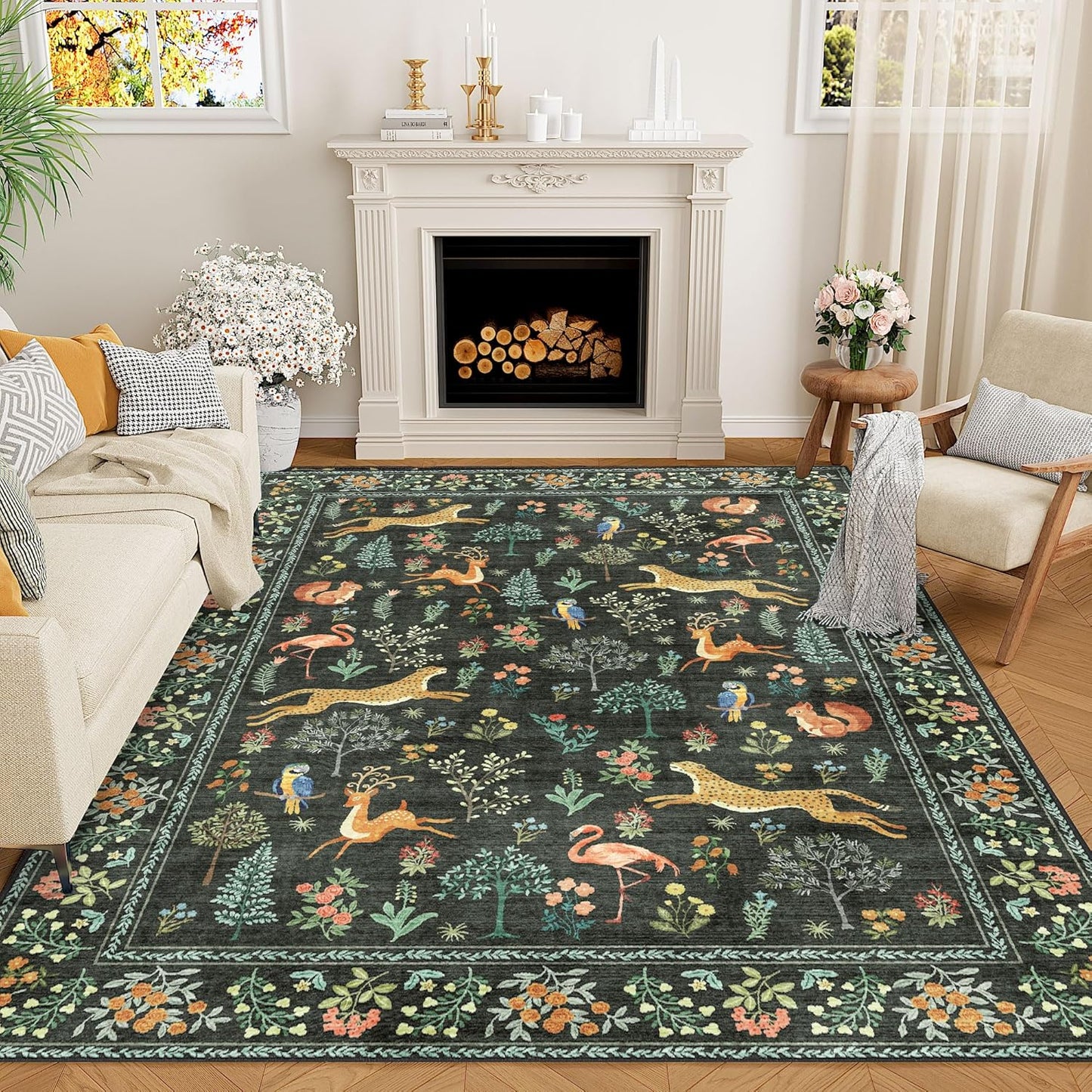 DUKINO 9x12 Rug, Washable Animal Living Room Rug with Non Slip Vintage Design, Soft Low Pile Large Carpet for Bedroom, Nursery, Dining Room, Farmhouse, Playroom, Black