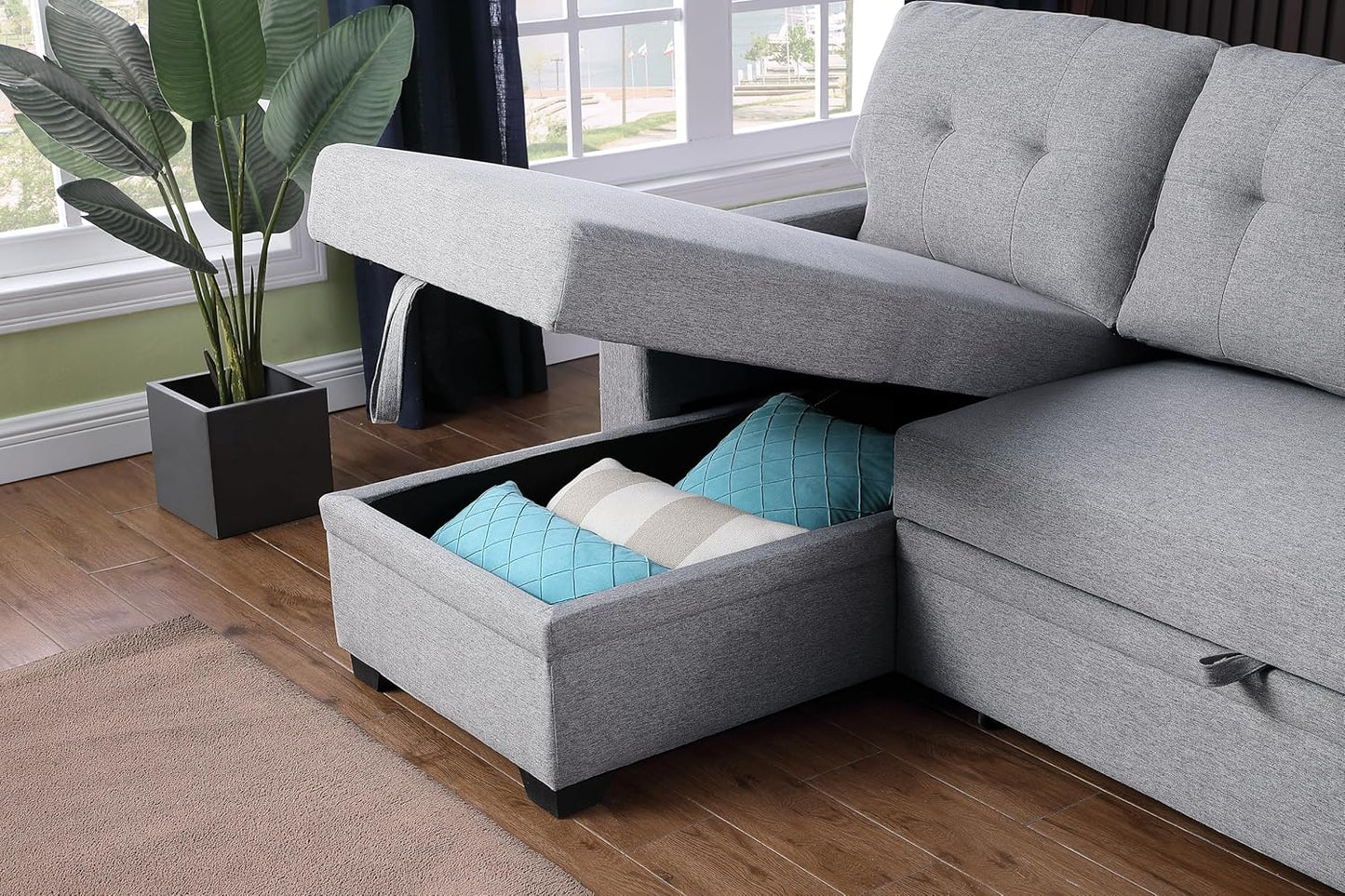 82 Inch Convertible Sleeper Sectional Sofa with Storage Chaise and Pull-Out Bed, Linen Upholstered Reversible Corner Couch, Modular L Shaped Couches for Living Room, Home Furniture, Light Gray