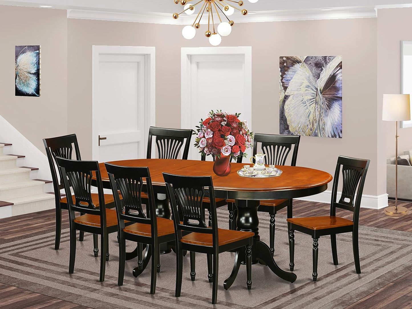 East West Furniture PLAI9-BLK-W 9 Piece Kitchen Table Set Includes an Oval Dining Table with Butterfly Leaf and 8 Dining Room Chairs, 42x78 Inch, Black & Cherry