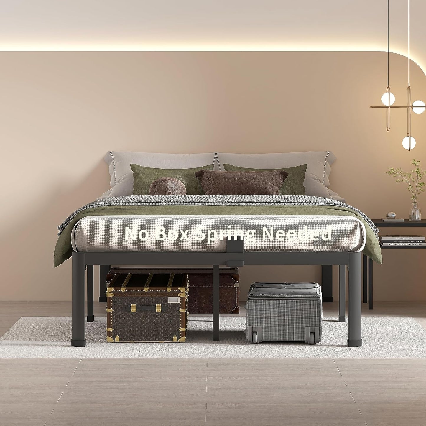MAF 16 Inch Full Size Bed Frame with Round Corner Legs Mattress Slide Stopper No Box Spring Needed Heavy Duty Metal Platform Bed Frames Under-Bed Storage Space, 3000 LBS Steel Slats Support
