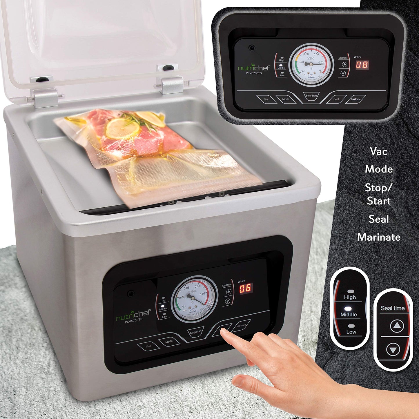 Nutrichef 350W Vacuum Sealer Machine - 8L Chamber Commercial Food Sealer, Automatic Meat Packing And Sous Vide System With Digit