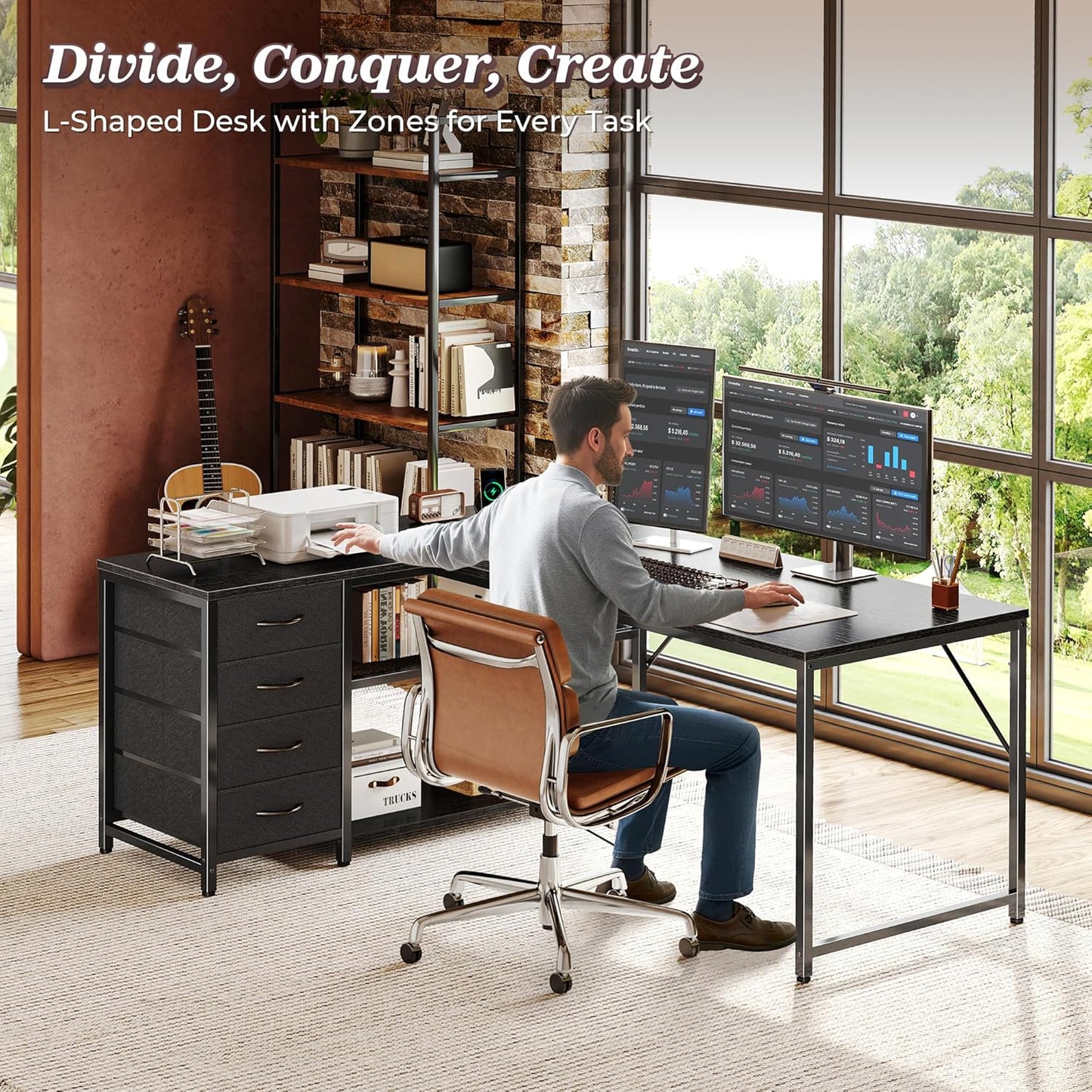 PRAISUN 53" L Shaped Desk with Power Outlets and USB-C Port, Reversible Computer Corner Office Desk with 4 Fabric Drawers and 2 Height-Adjustable Shelves, Large for Gaming Writing Work Study, Black