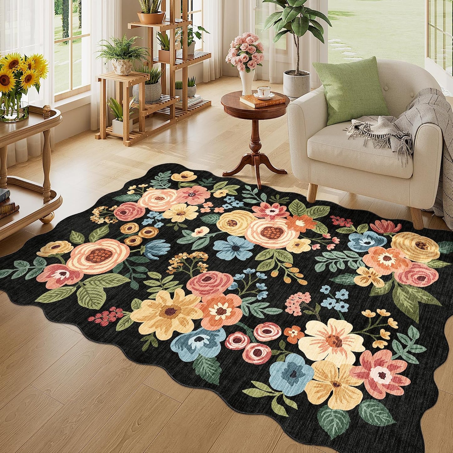 DUKINO 4x6 Area Rug, Floral Non-Slip Indoor Washable Rug with Low Pile & Non-Shedding, Lightwight Boho Design Carpet for Entryway, Bedroom, Kids Room, Living Room, Kitchen, Black