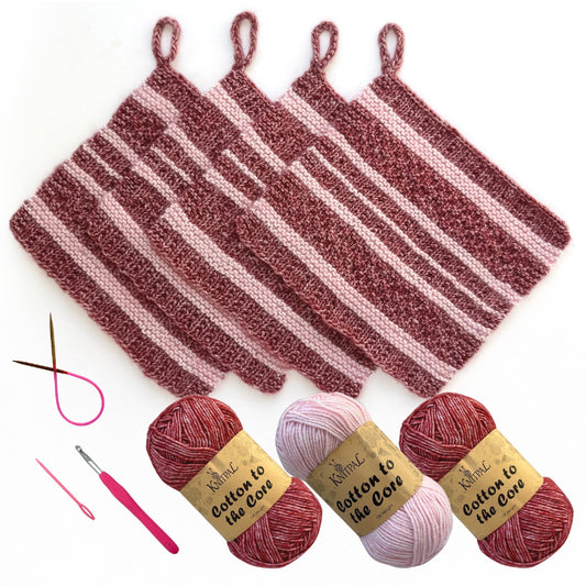 KnitPal Everyday Joy Knitting Kit – Make 4 Reusable Dishcloths for Confident Beginners – Cotton to The Core Yarn (#3 DK), Needles, Patterns & Video Tutorials (Cherry Red + Blush Pink)
