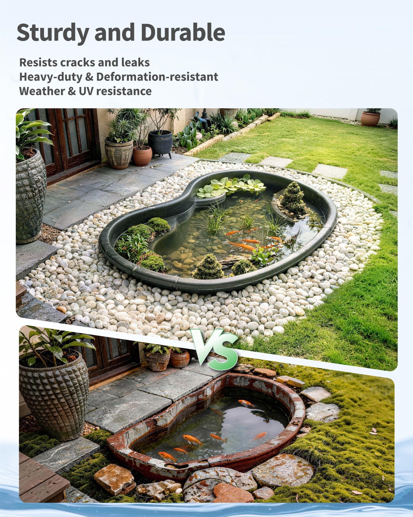POPOSOAP Preformed Pond Liner, 33 Gallon Rigid Plastic Pond Tub Heavy Duty U-V Resistant Basin with Integrated Plant Shelves for Backyard, Garden and Patio Landscaping P797