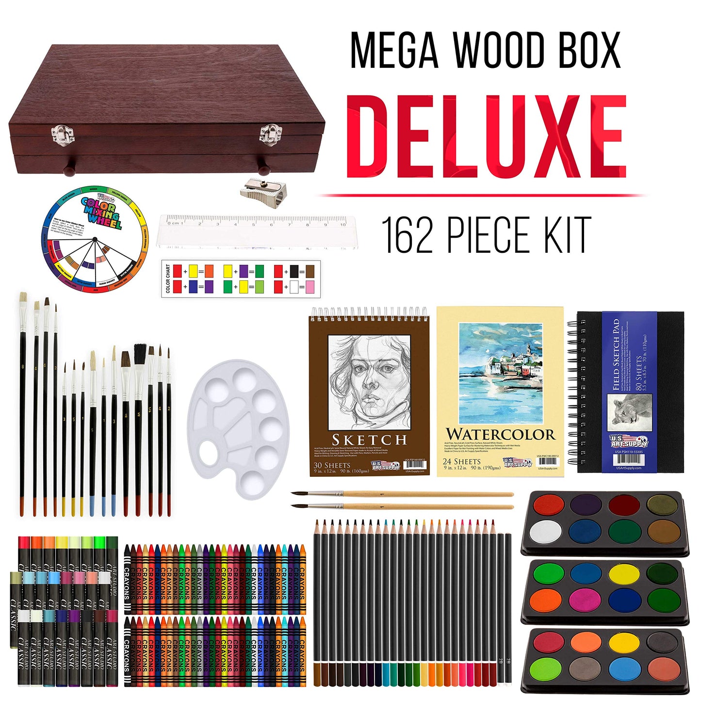 U.S. Art Supply 162-Piece Mega Wood Box Artist Kit with Painting, Drawing & Art Supplies for Adults - 24 Each (Watercolors, Oil Pastels, Pencils), 60 Crayons & 2 Brushes - Art Kit for Adults, Gift Set