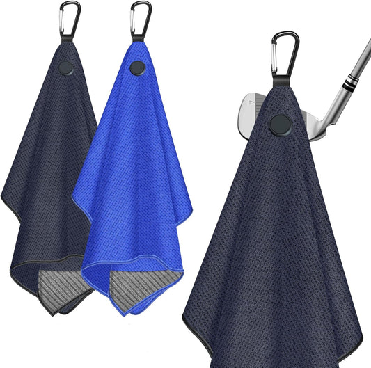 2 Pack Magnetic Golf Towel for Golf Bags with Clips, Wire Cleaning Cloth, Ultra Absorbent Microfiber, Waffle Pattern Golf Towel with Magnet for Men Women, Golf Accessories for Golf Carts or Clubs