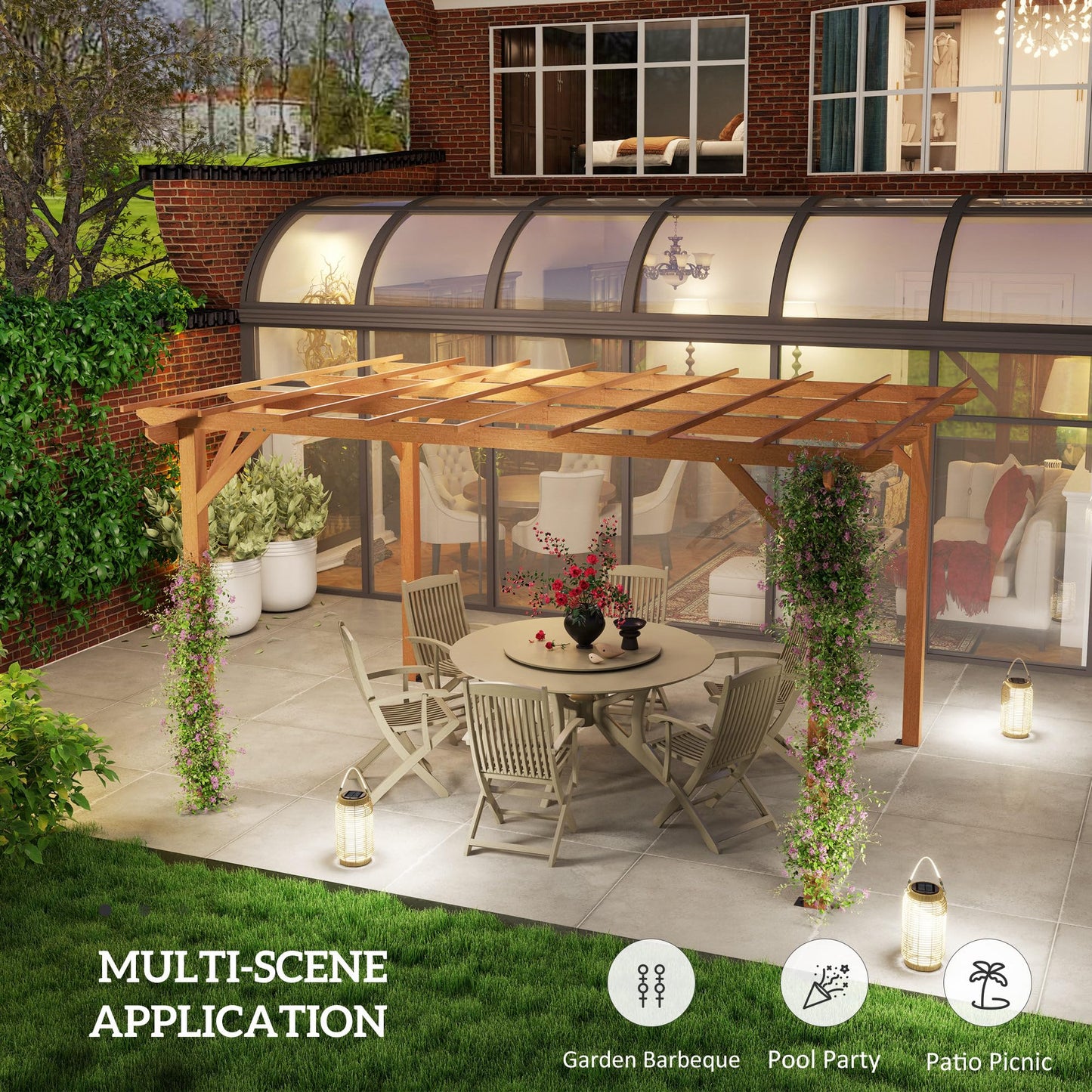 Outsunny 10' x 13' Outdoor Pergola, Wood Gazebo Grape Trellis with Stable Structure and Concrete Anchors for Climbing Plant Support, Garden, Patio, Backyard, Deck, Dark Brown
