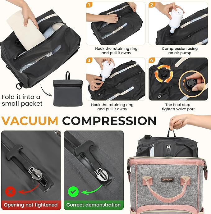 Vacuum Compression Diaper Bag, Expandable Waterproof Baby Travel Backpack with Insulated Pockets, Wet-Dry Separation, and Detachable Airtight Bag (Vacuum Pump Included)