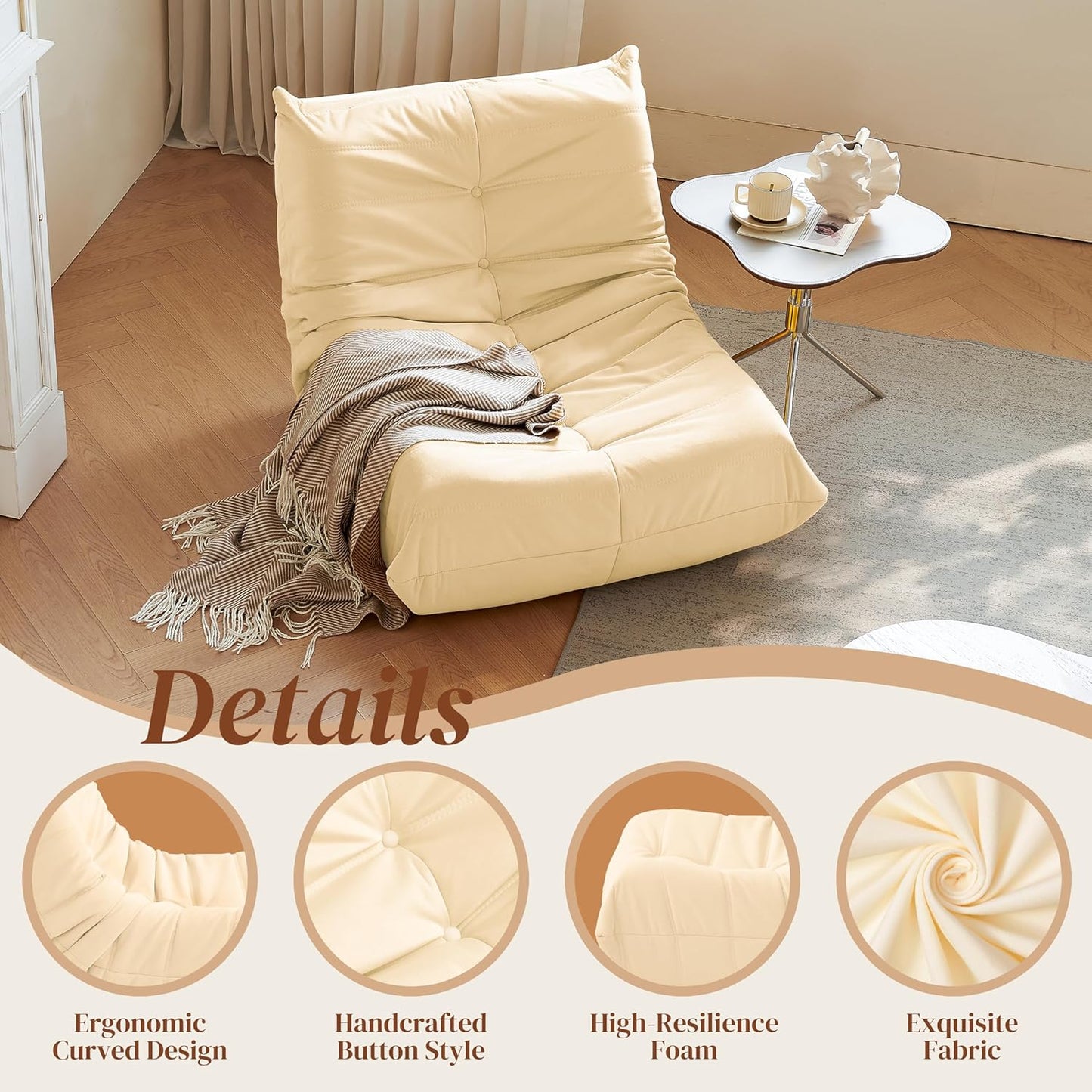 Bean Bag Chair, Fireside Chair Bean Bag Sofa for Adults, Bean Bag Chairs for Teens with High-Resilience Foam, Memory Foam & Non-Slip Base Bean Bag for Living Room, Bedroom, Office (Suede,White)