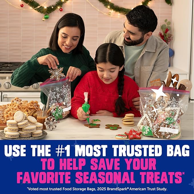 Ziploc Quart Food Storage Bags, Grip 'n Seal Technology for Easier Grip, Open, and Close, 24 Count, Holiday Designs