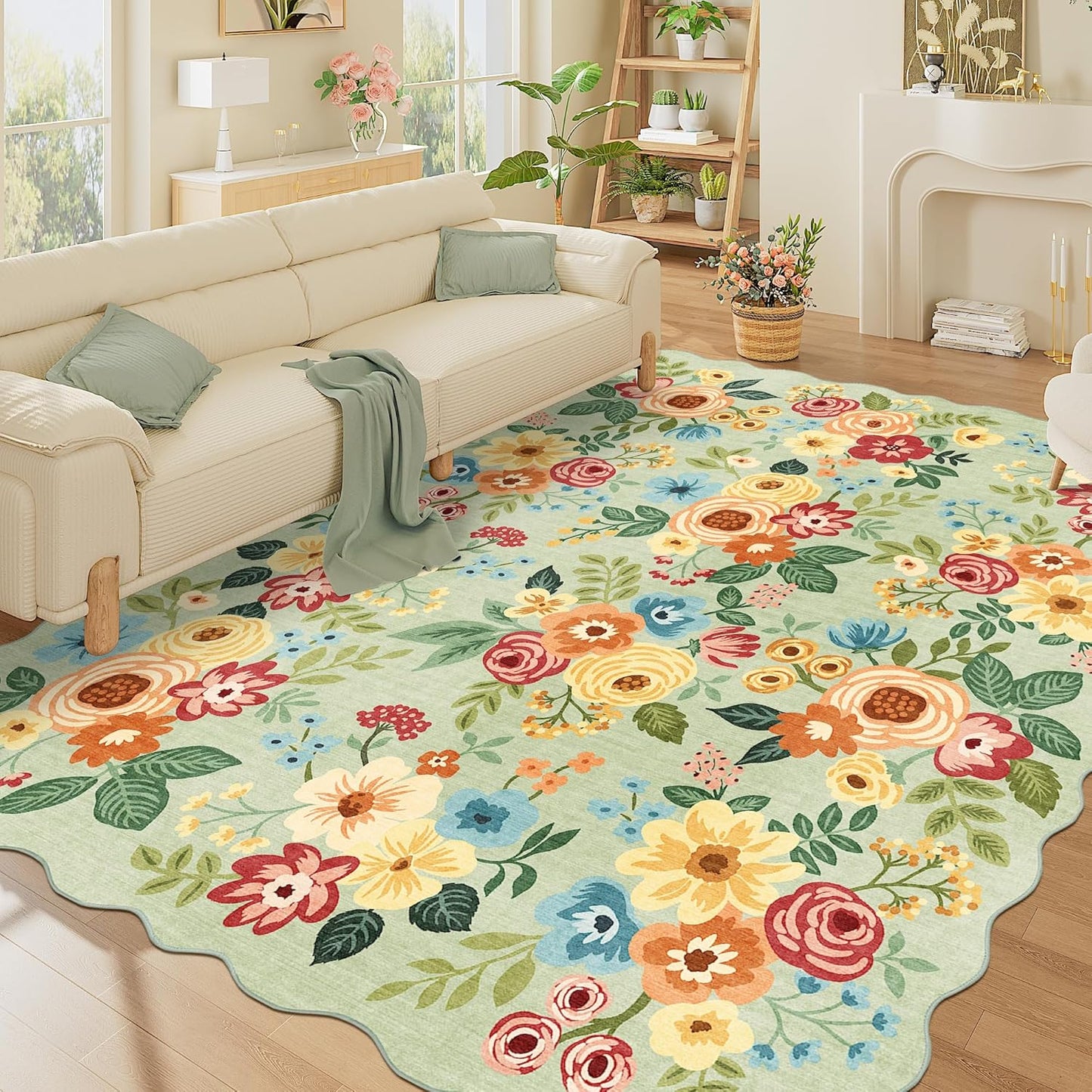 DUKINO 8x10 Area Rug, Floral Washable Rugs for Living Room with Non Slip Backing & Non-Shedding, Lightwight Low Pile Boho Design Large Carpets for Bedroom, Living Room, Dining Room, Green