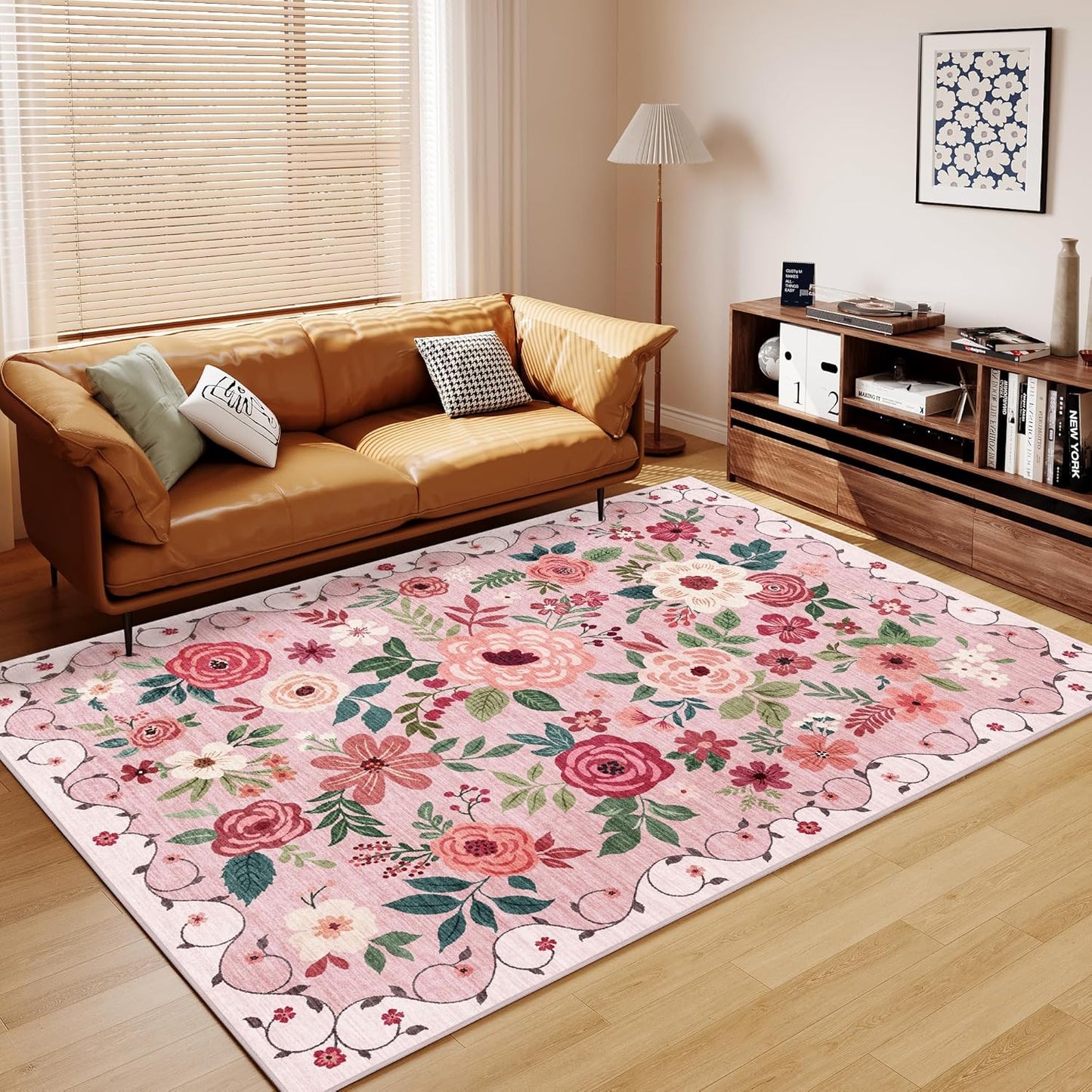 DUKINO 6x9 Area Rug, Floral Rugs for Living Room, Lightweight Non Slip Washable Rug, Indoor Low Pile & Non-Shedding Boho Design Rugs for Bedroom, Living Room, Dining Room, Pink