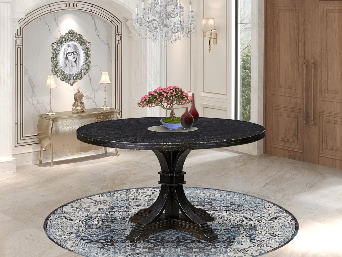 I57-11-TP Mid-century Table with Acacia Wood Round Tabletop and Stylish Pedestal Base - Sand Blasted Black Finish