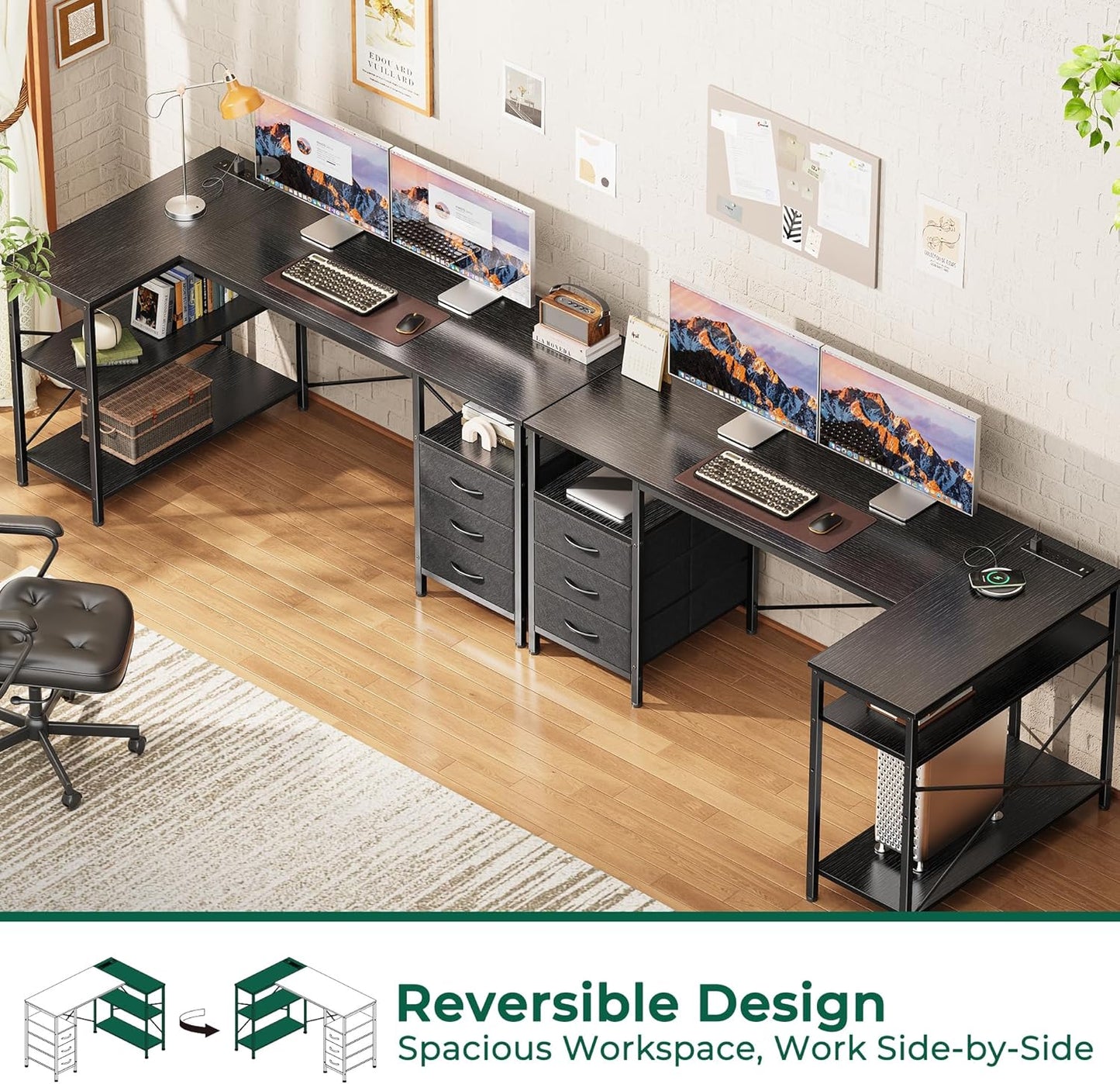 Huuger L Shaped Office Desk with Power Outlets, 55 Inch Computer Desk with 3 Drawers, Shelves, Reverisble for Gaming Corner Work Home Office Study, Black