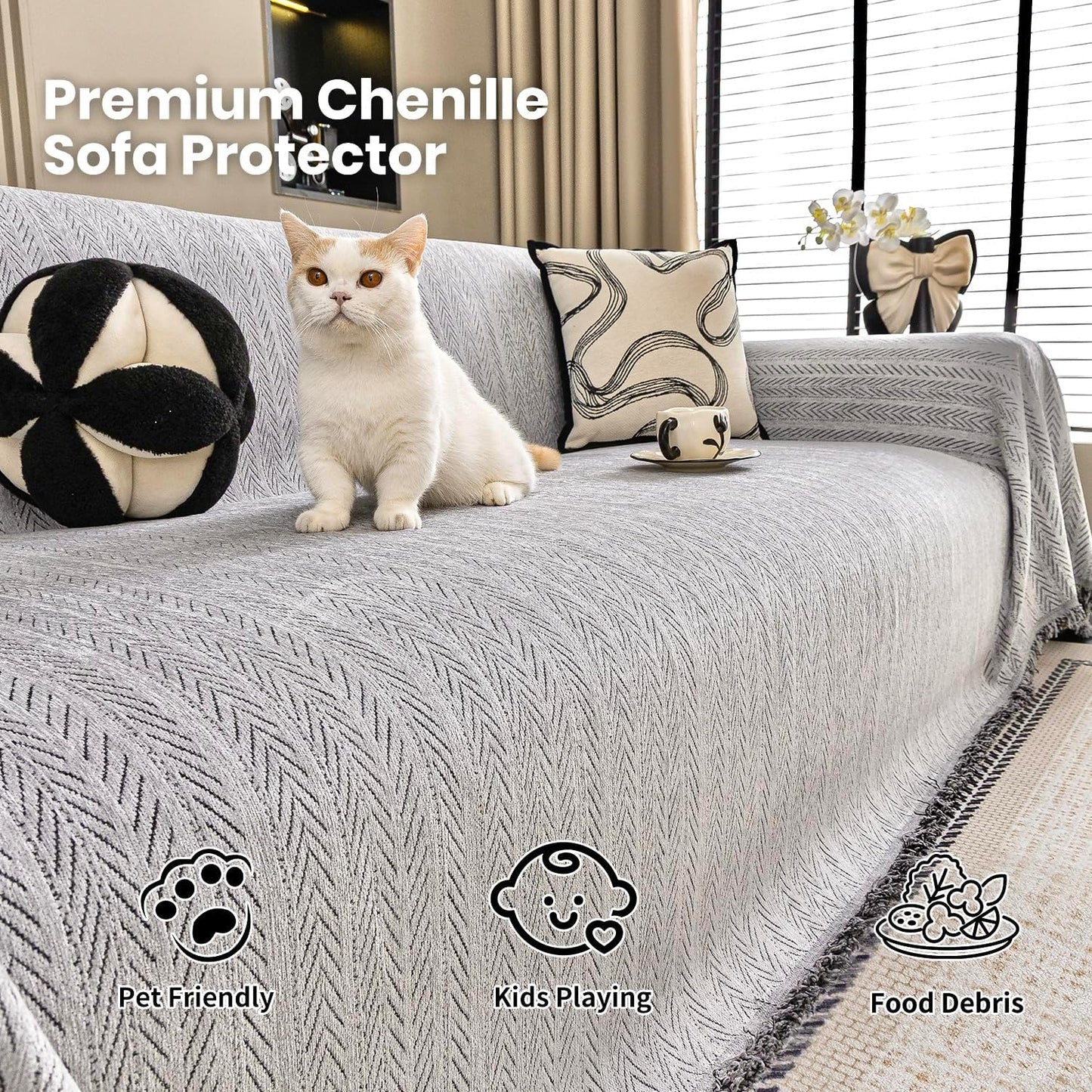 Nobildonna Sofa Cover Washable Soft Thicken Chenille Couch Cover with Tassel,Waterproof Sofa Slipcover for 3-4 Cushion Couch,Sectional Sofa,L-Shaped Furniture Protector Pet-Friendly,Gray 71"x150"
