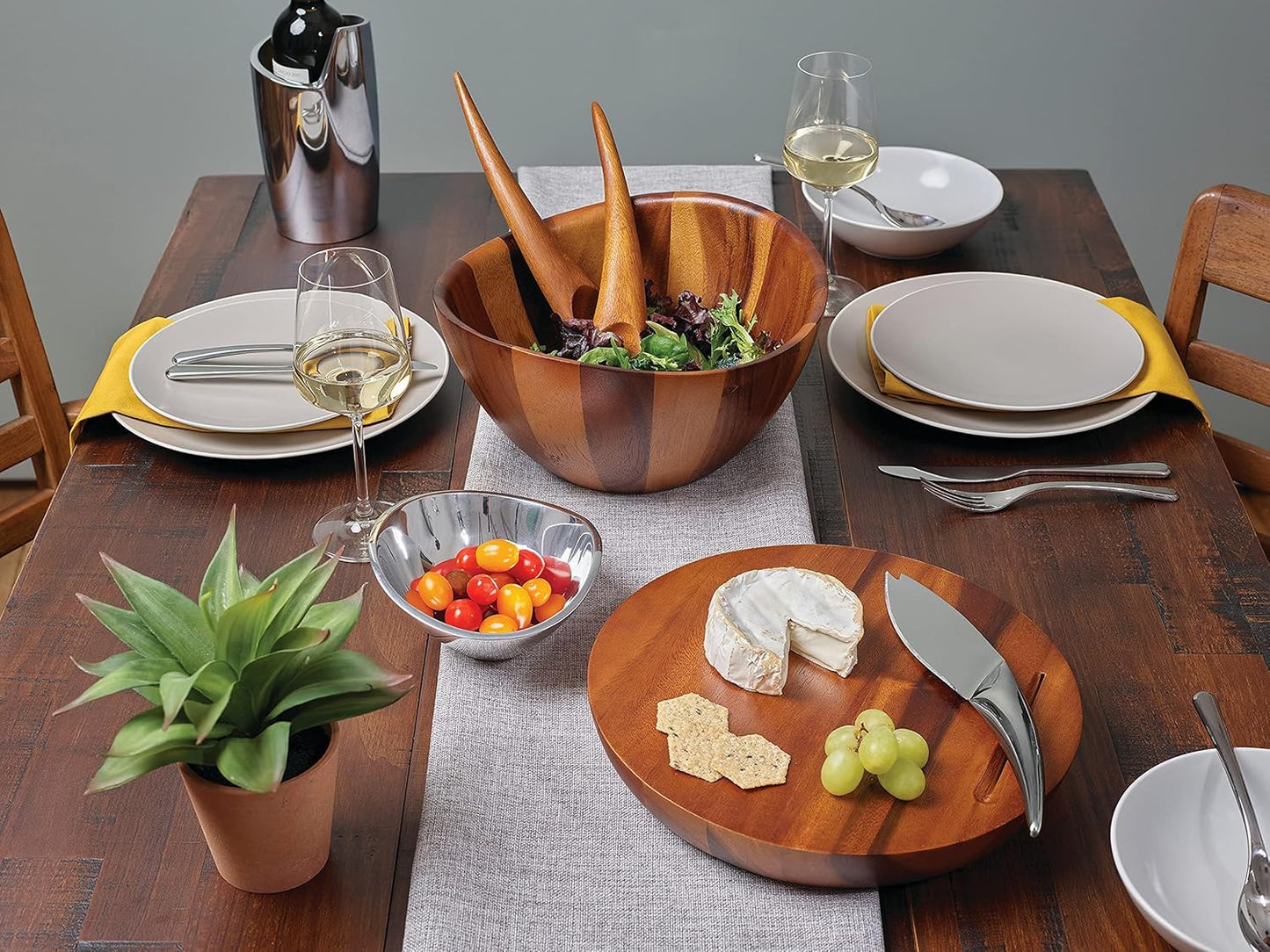 Nambé Canu Chip & Dip – Acacia Wood Base with Removable Alloy Bowl for Heating or Chilling, Entertaining Serving Tray for Chips, Snacks, Appetizers, or Hors d’Oeuvres, Stylish Table Accent