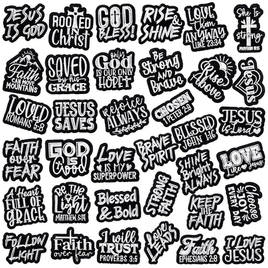 Hahafelt 36 Pcs Black Christian Embroidered Iron on Patches Motivational Bible Verse Religious Sew on Applique Patches for Hat Backpack Jacket Clothes DIY Accessories Decorations