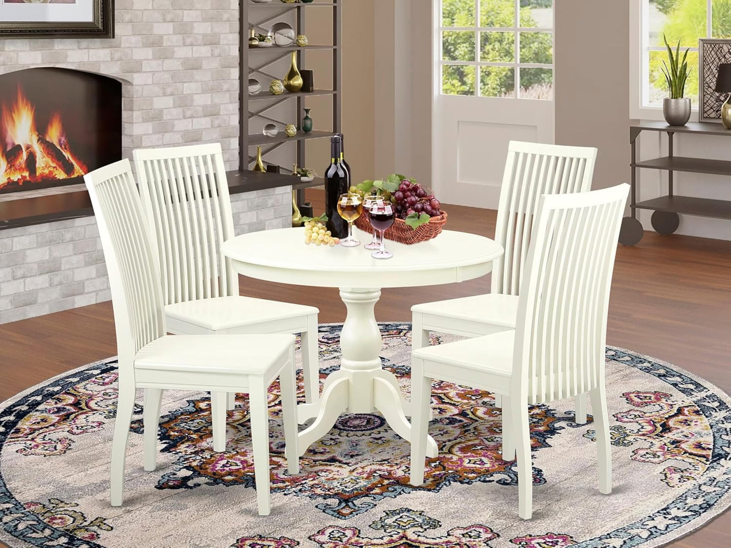 East West Furniture HBIP5-LWH-W 5 Piece Dining Room Table Set Includes a Round Dining Table with Pedestal and 4 Wood Seat Chairs, 42x42 Inch, Linen White