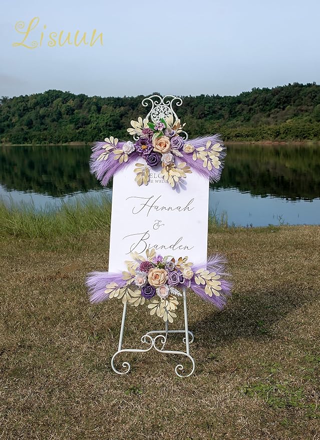 Wedding Arch Flowers, Artificial Floral Decor for Wedding Ceremony & Reception, Standard Size Large Flower Swag Set for Backdrop & Welcome Sign, Pack of 2 (Purple Pampas)