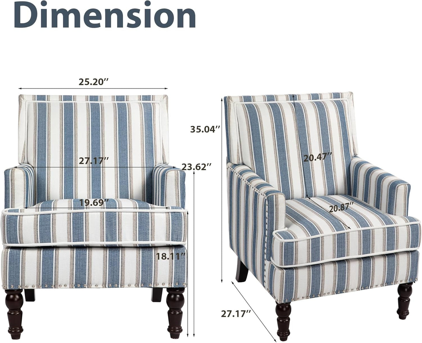 Accent Chair, Modern Comfy Mid-Century Accent Chairs，Linen Upholstered Lounge Arm Chair with Solid Wood Reading Side Padded Single Sofa for Living Room/Office/Balcony/Bedroom-Blue Stripe