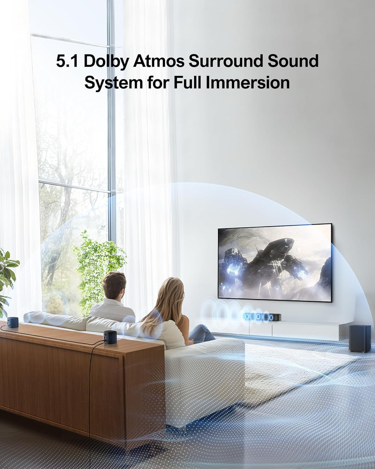 5.1Ch Sound Bar with Dolby Atmos, Surround Sound System for TV, App Control, Home Theater Sound System, TV Soundbar with Subwoofer, 2 Surround Speakers, HDMI Earc/Opt/Aux/Bt, Aura A50 Pro