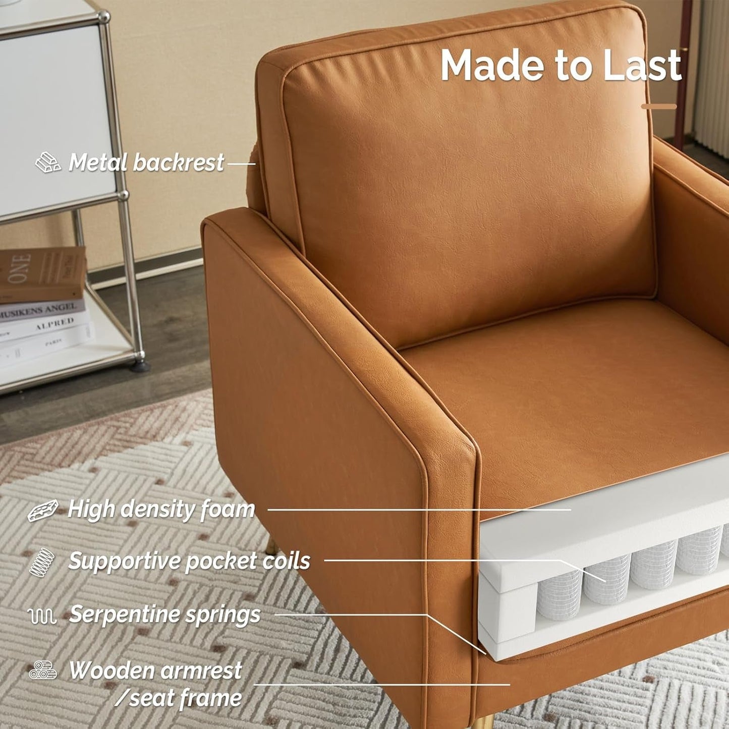 Living Room Chairs Set of 2, Brown PU Leather Accent Chair Mid Century Modern Upholstered Sofa Chairs with Arms, Gold Legs for Living Room, Bedroom, Apartment