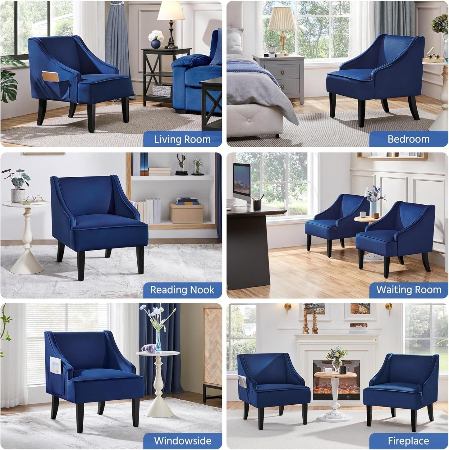 Living Room Chair, Accent Chair with Storage Side Pocket, Armchair with Wide Seat and Rubberwood Legs for Living Room Bedroom Reception Room, Blue