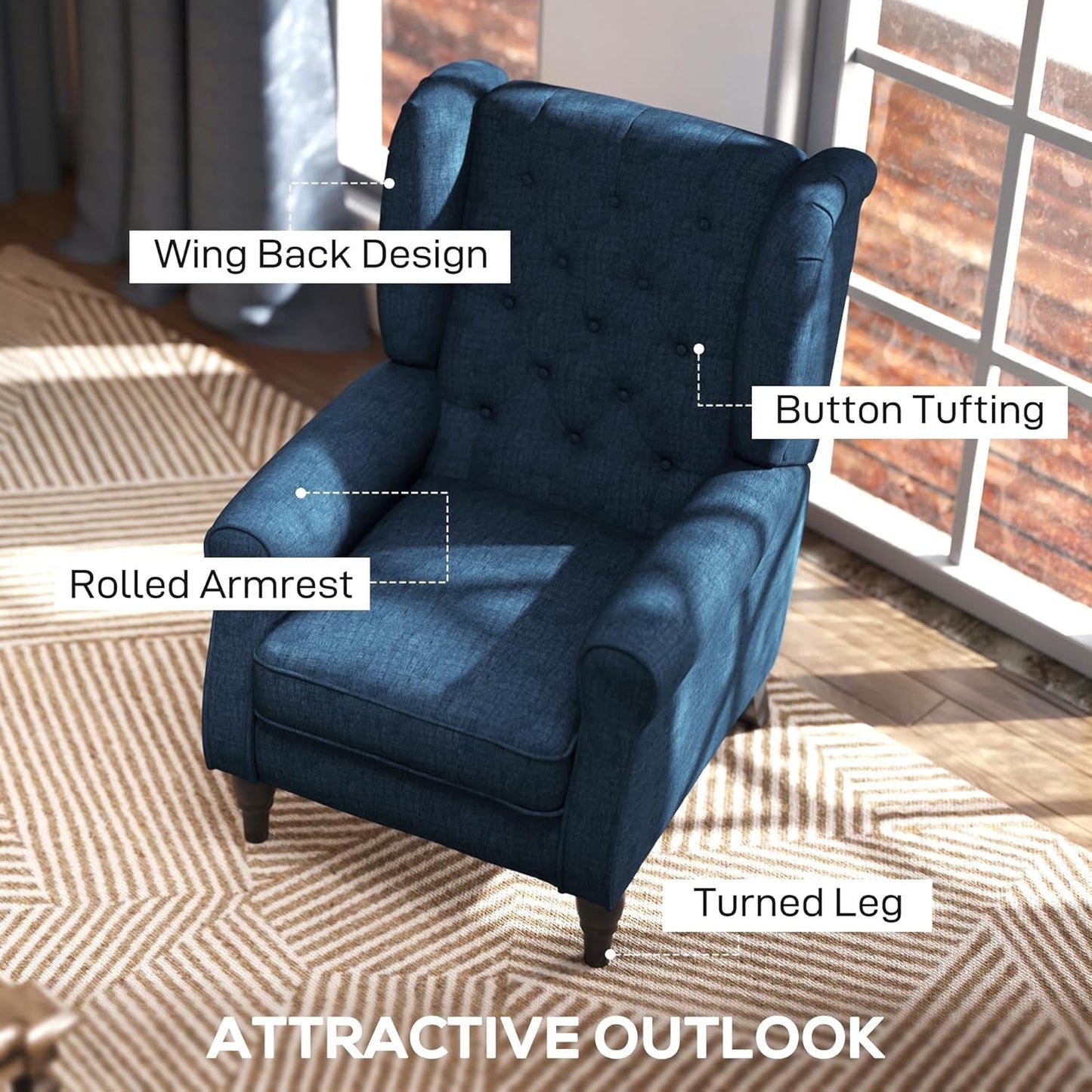 Mid-Century Modern Accent Chair, High Wingback Reading Chair, Button-Tufted Upholstered Fabric Armchair with Retro Wood Legs for Apartment, Living Room, Bedroom, Blue